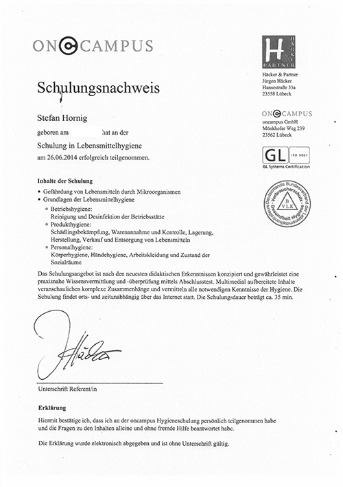 Qualifikation Schulung Lebensmittelhygiene 2014