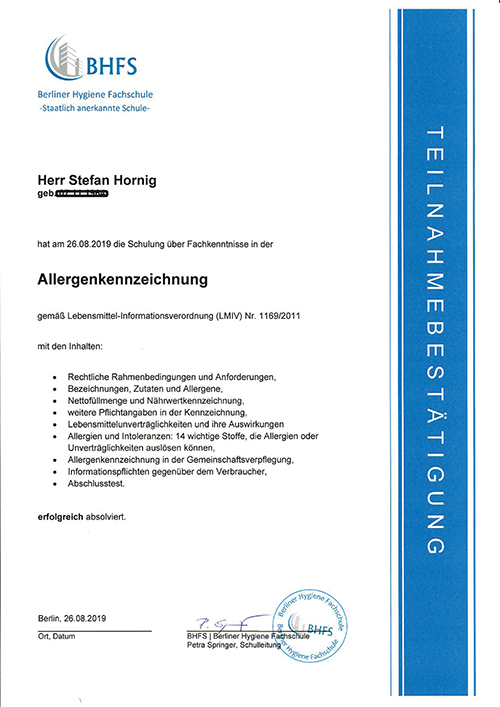 Qualifikation Allergenkennzeichnung