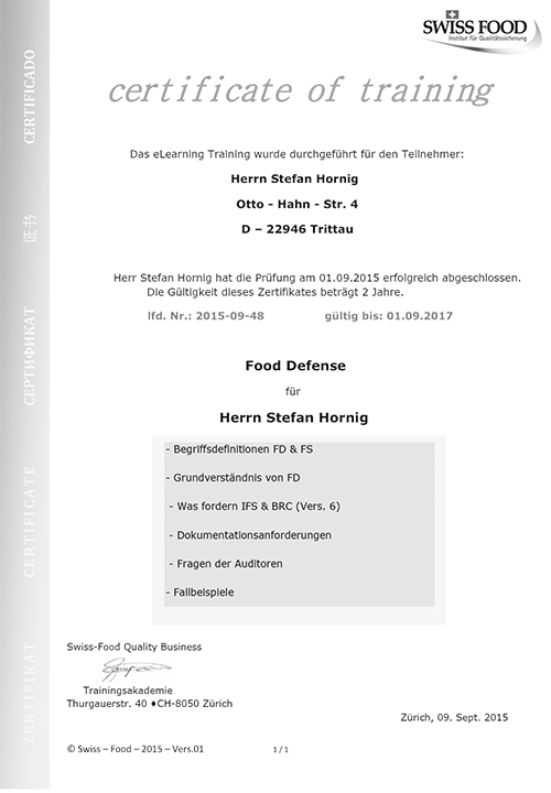Qualifikation Lehrgang food defense 2017