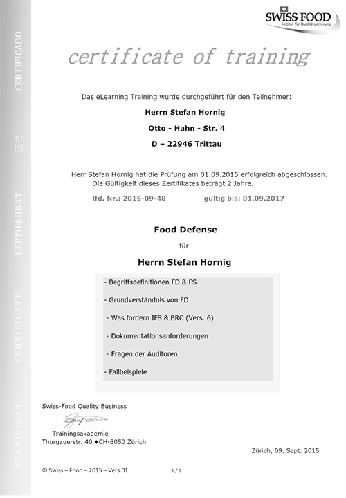 Qualifikation Lehrgang food defense 2017