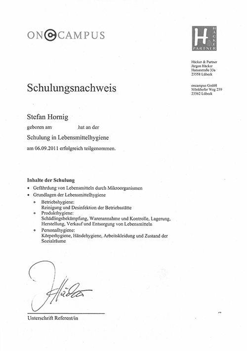 Qualifikation Schulung Lebensmittelhygiene 2011